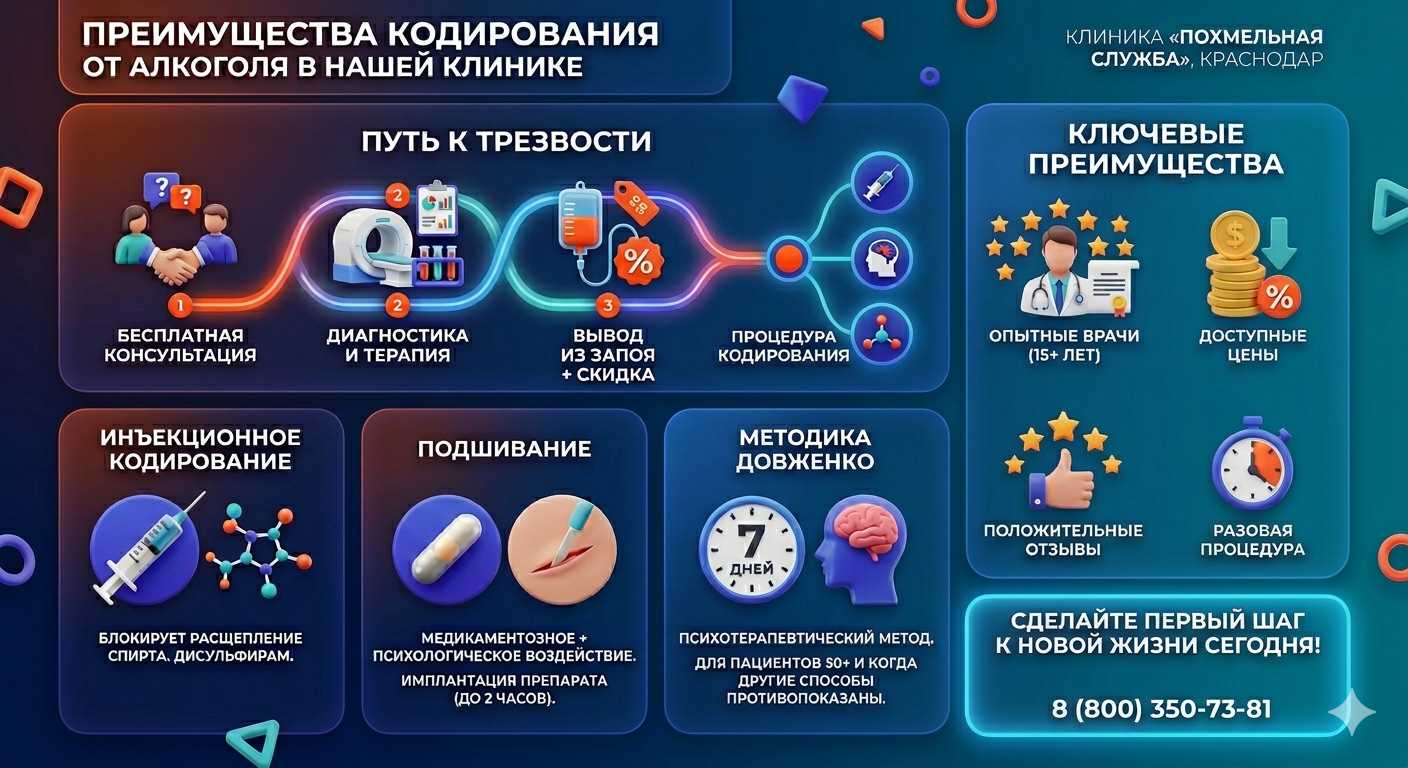 Инфографика о методах кодирования от алкоголя в Намцах: инъекции, подшивание, метод Довженко. Преимущества клиники и этапы лечения.
