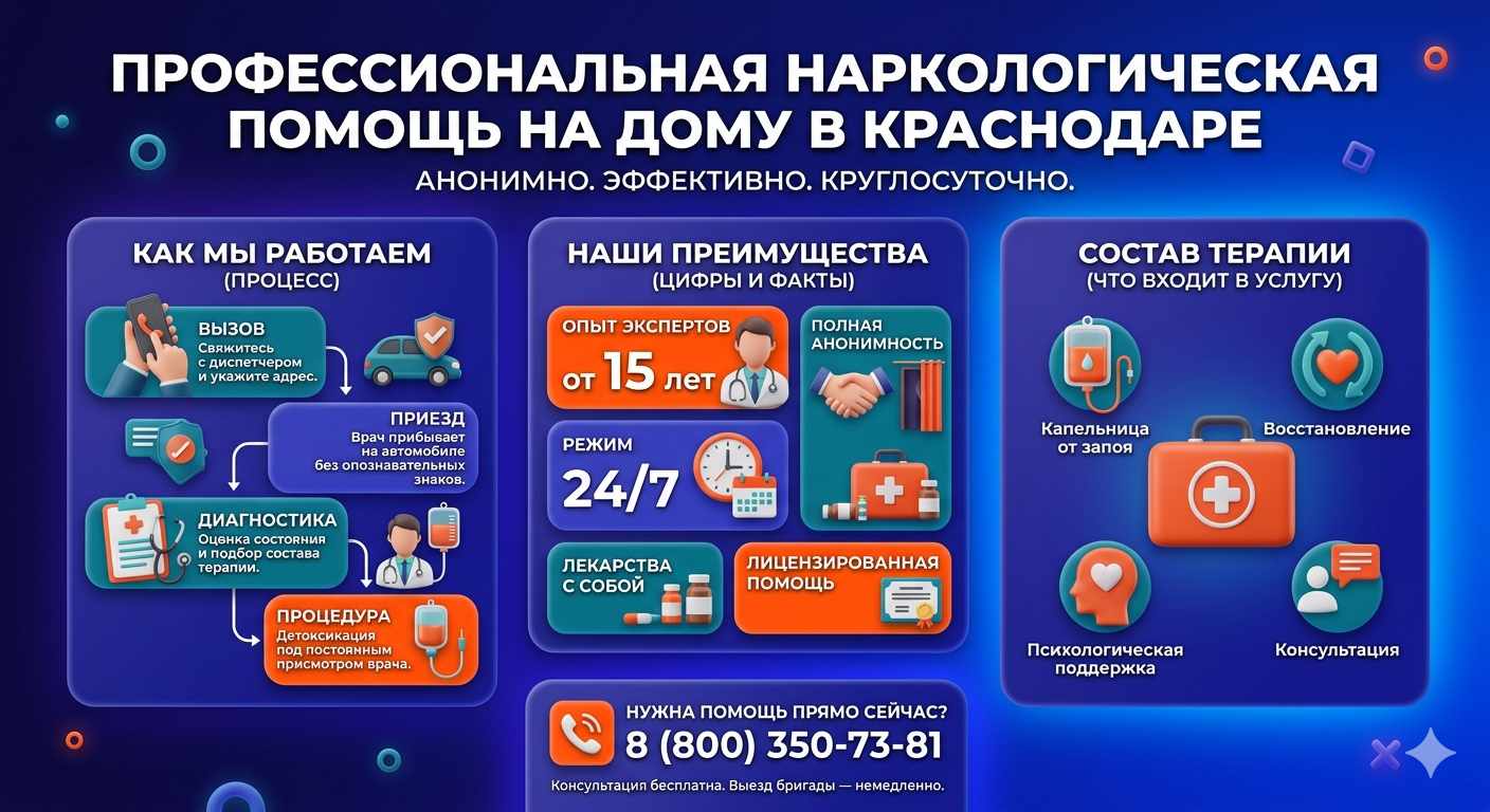 Инфографика о принципах лечения алкоголизма на дому в Намцах: этапы вызова нарколога, преимущества анонимной детоксикации и состав медицинской помощи.